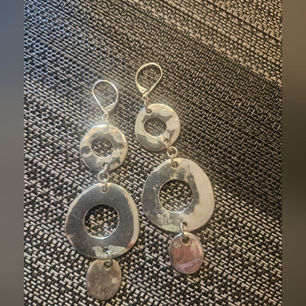 STERLING STATEMENT EARRINGS.HAMMERED.REAL HEAD TURNERS!3.5"LONG.